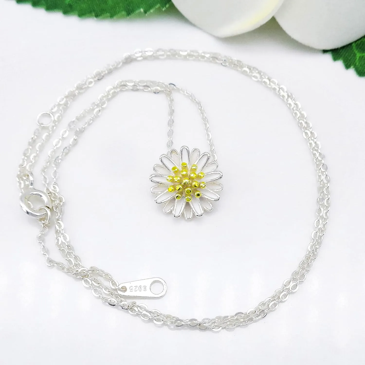 925 Sterling Silver St.Magnolia Flower shaped Pendant Necklace Zirconia White Gold Plated Fashion Jewelry 16" 2"