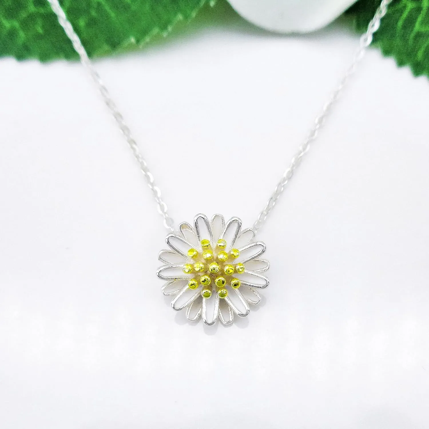 925 Sterling Silver St.Magnolia Flower shaped Pendant Necklace Zirconia White Gold Plated Fashion Jewelry 16" 2"