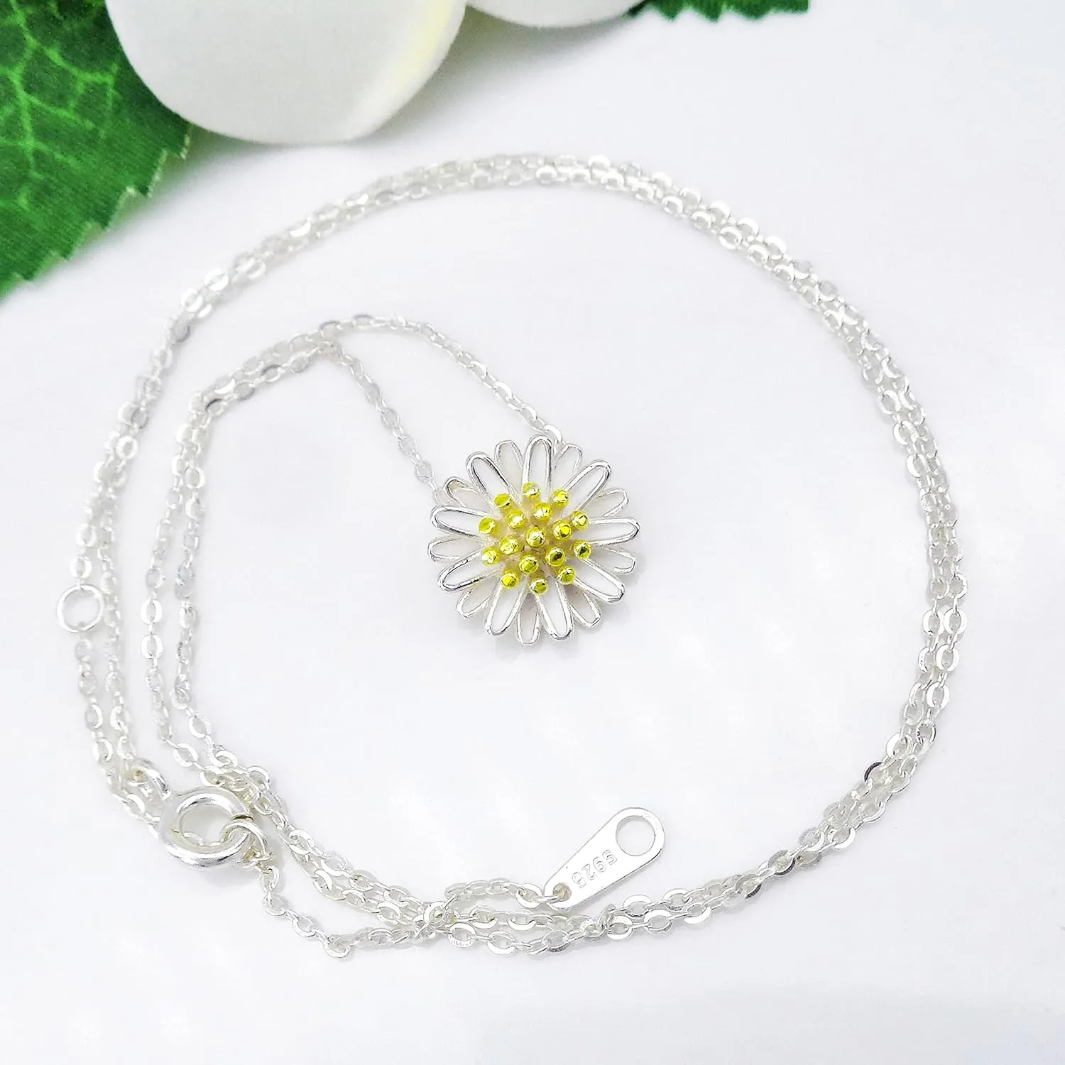 925 Sterling Silver St.Magnolia Flower shaped Pendant Necklace Zirconia White Gold Plated Fashion Jewelry 16" 2"