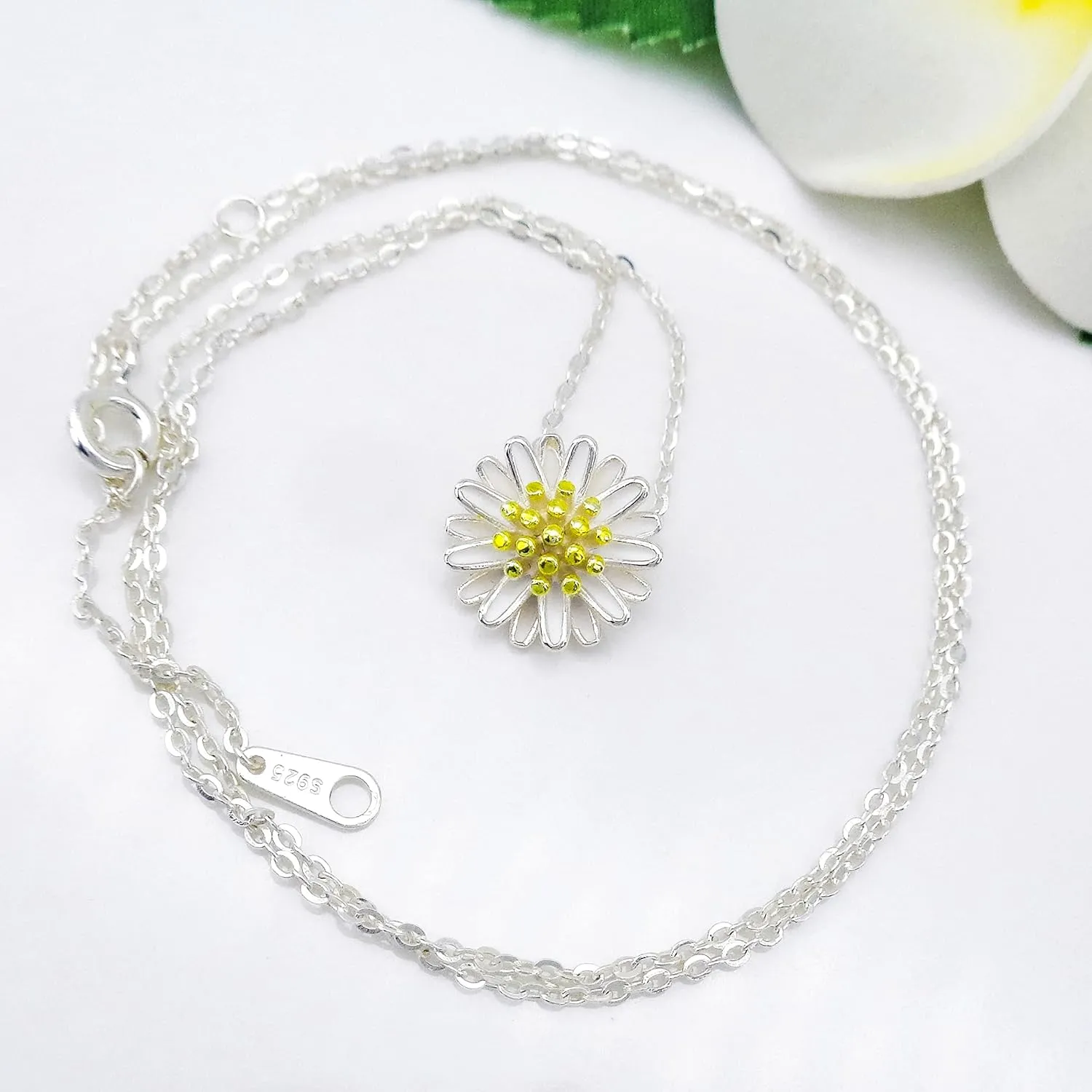 925 Sterling Silver St.Magnolia Flower shaped Pendant Necklace Zirconia White Gold Plated Fashion Jewelry 16" 2"