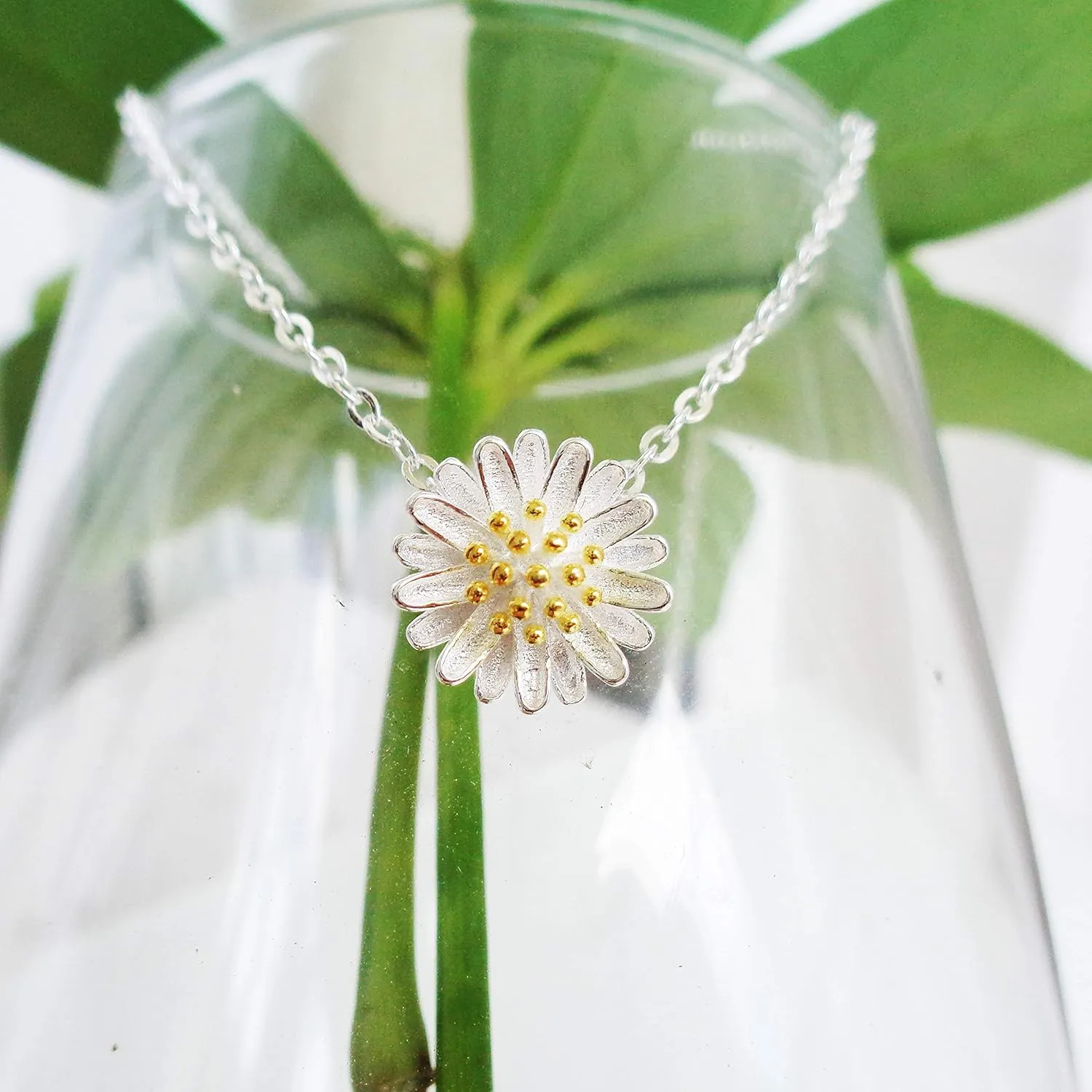 925 Sterling Silver St.Magnolia Flower shaped Pendant Necklace Zirconia White Gold Plated Fashion Jewelry 16" 2"
