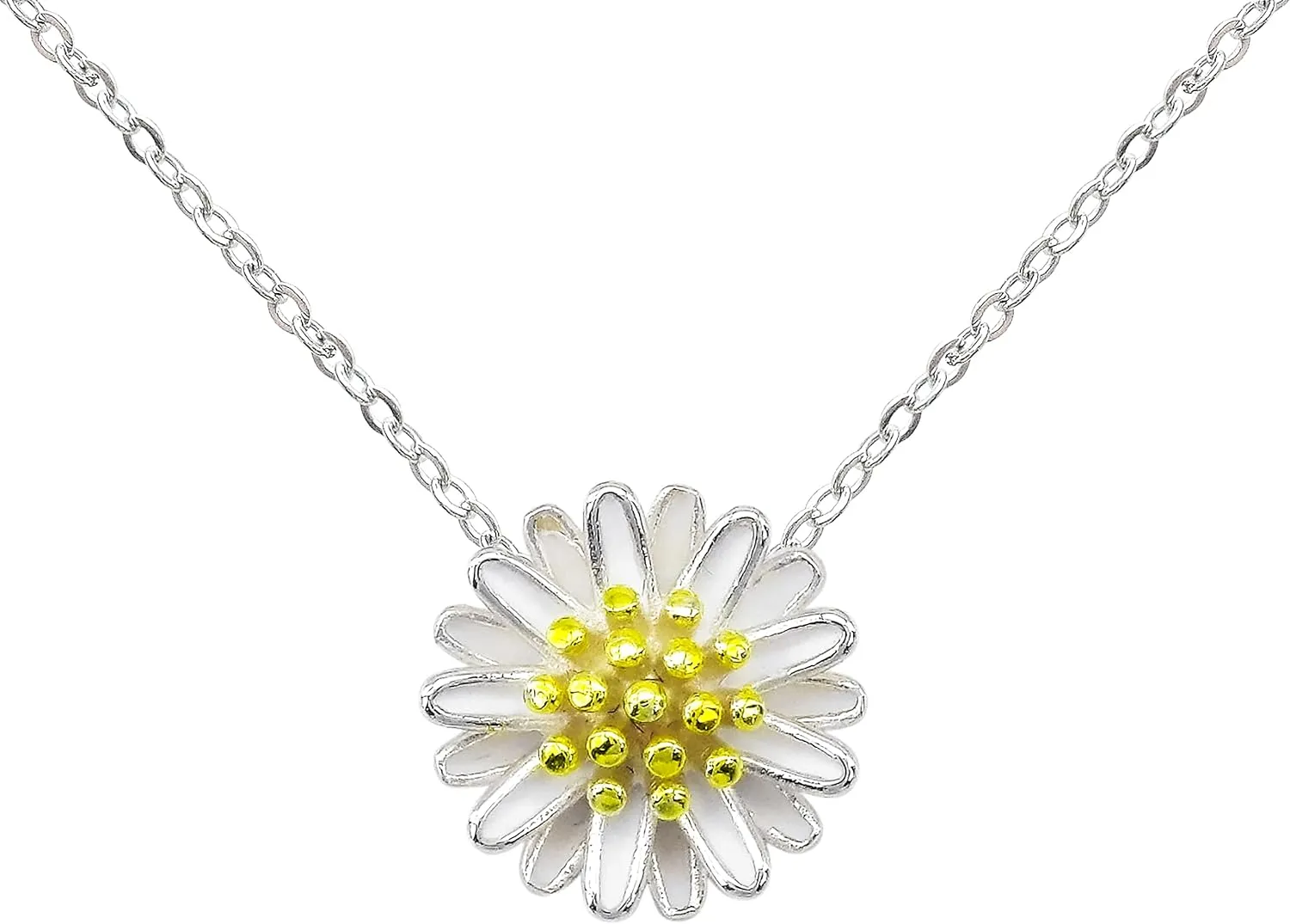 925 Sterling Silver St.Magnolia Flower shaped Pendant Necklace Zirconia White Gold Plated Fashion Jewelry 16" 2"