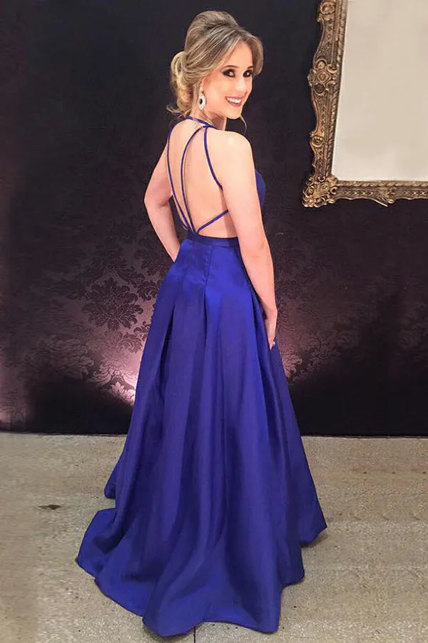 A-Line Deep V-Neck Criss-Cross Straps Royal Blue Satin Pleats Prom Dress AHC530