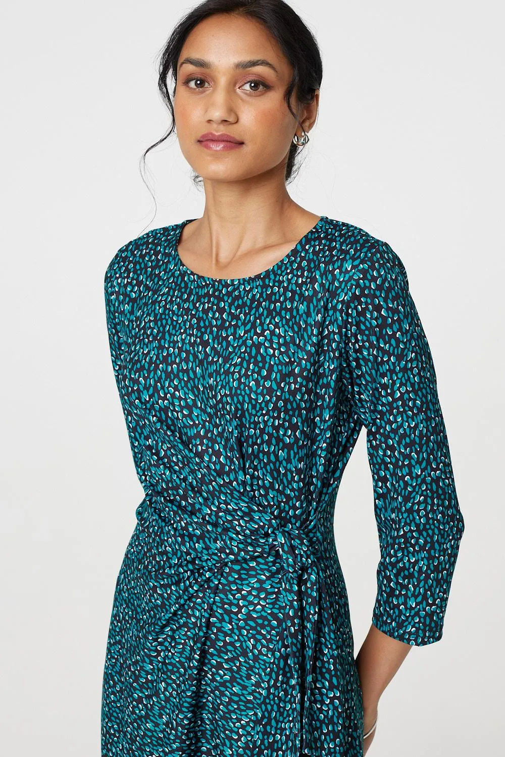 Animal Print Knot 3/4 Sleeve Short Dress