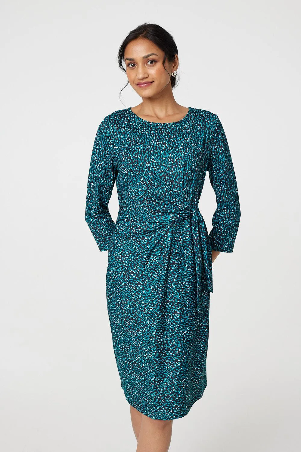 Animal Print Knot 3/4 Sleeve Short Dress