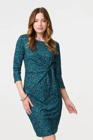 Animal Print Knot 3/4 Sleeve Short Dress