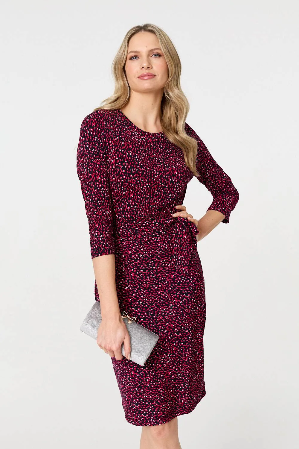 Animal Print Knot 3/4 Sleeve Short Dress