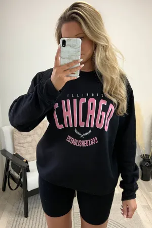 Arabella Black Chicago Slogan Oversized Sweatshirt