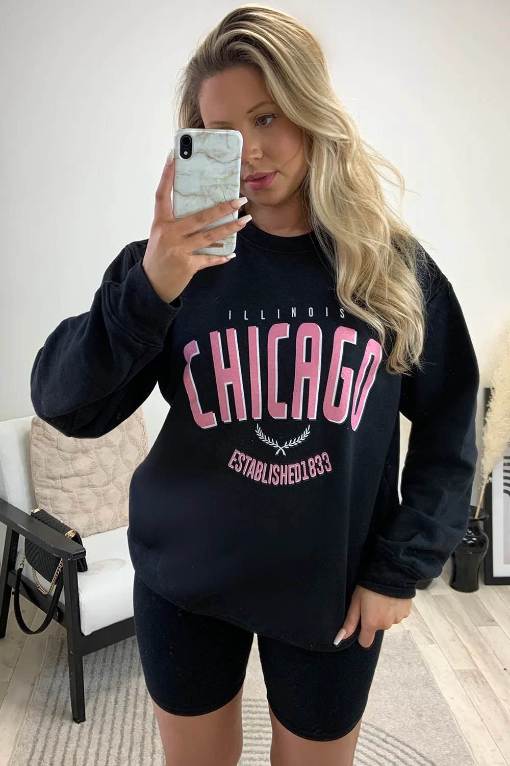 Arabella Black Chicago Slogan Oversized Sweatshirt