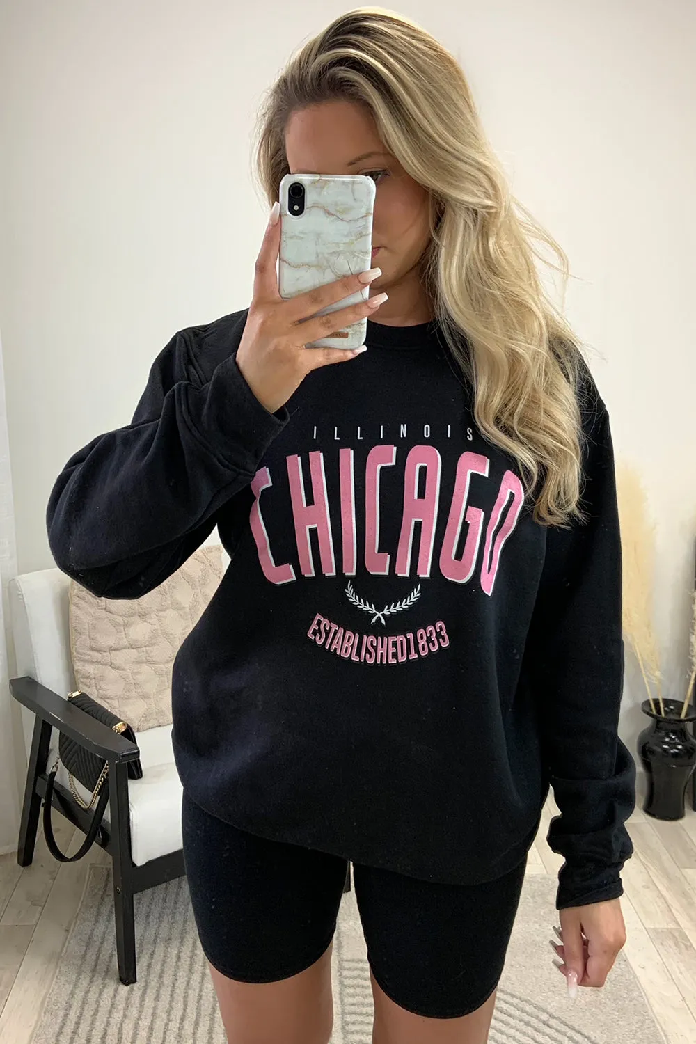 Arabella Black Chicago Slogan Oversized Sweatshirt