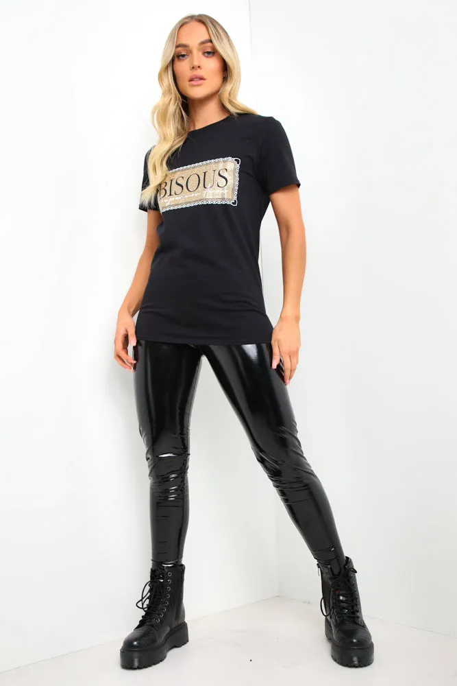 Black Gold Glitter Slogan T-Shirt