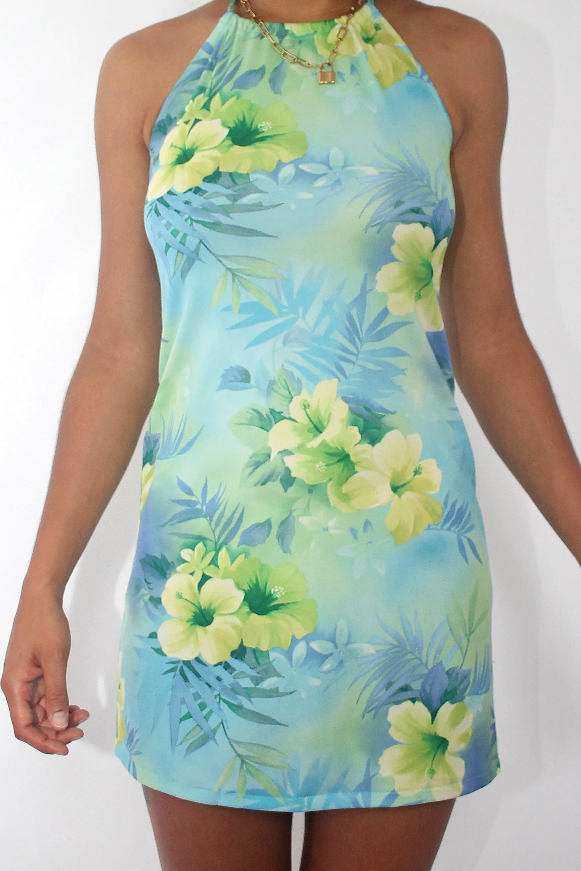 Blue & Green Hawaiian Hibiscus Floral Halter Dress