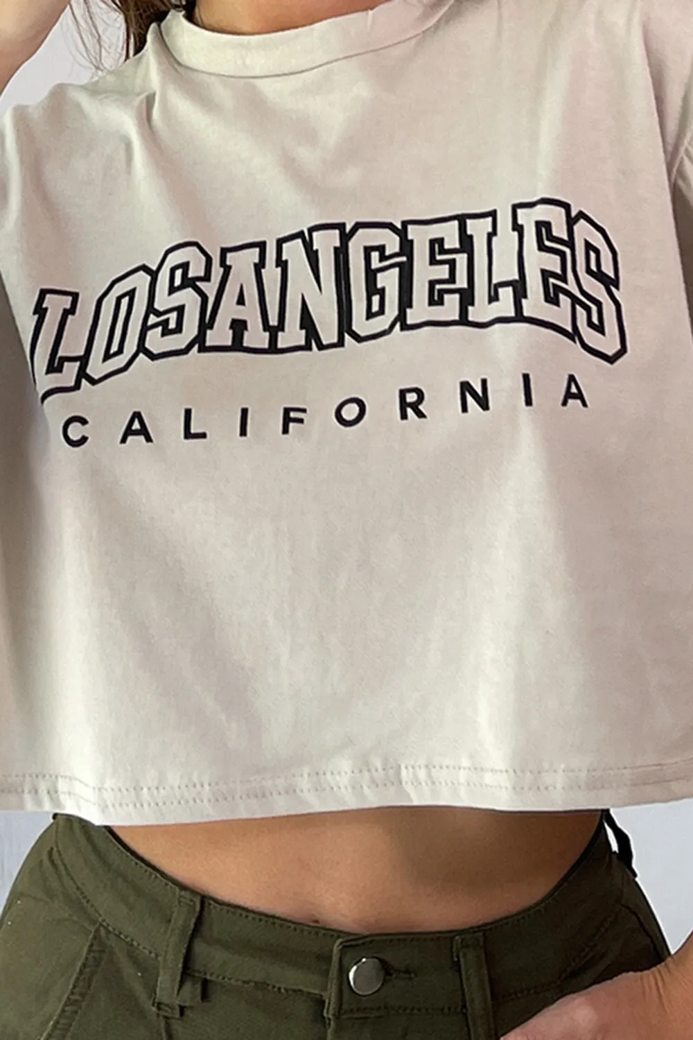 Bobbie Beige Los Angeles Slogan Oversized Crop Top