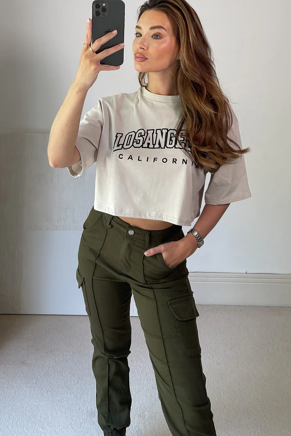 Bobbie Beige Los Angeles Slogan Oversized Crop Top