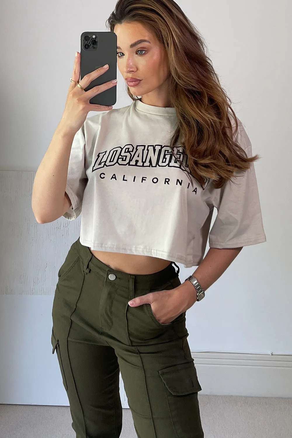 Bobbie Beige Los Angeles Slogan Oversized Crop Top