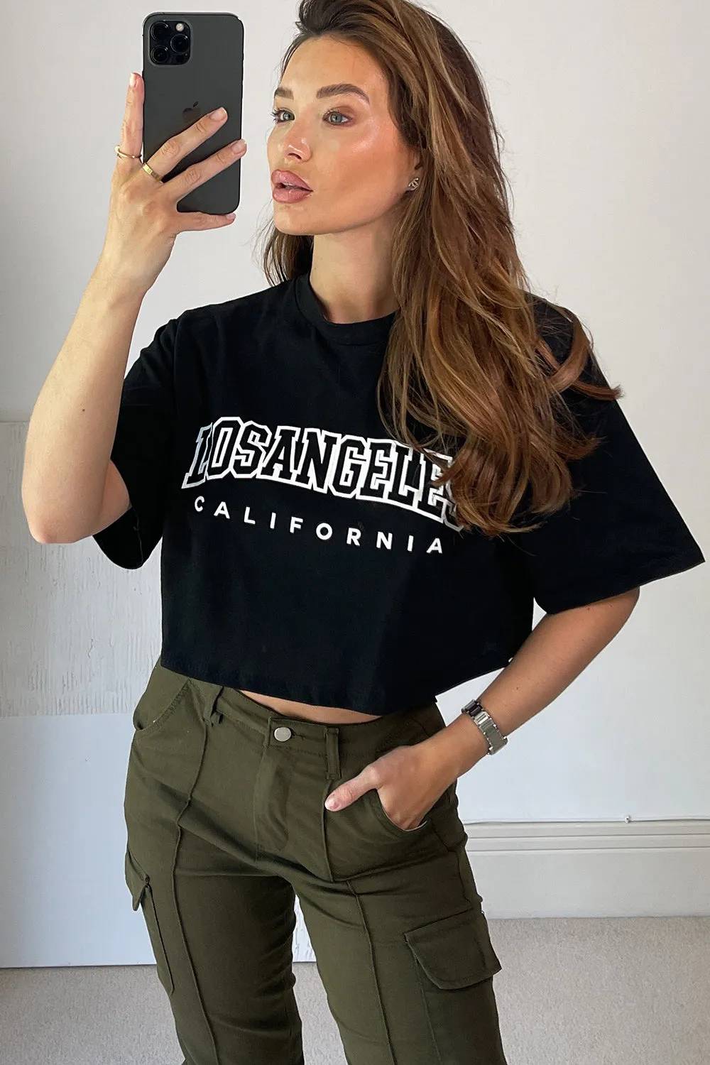 Bobbie Black Los Angeles Slogan Oversized Crop Top