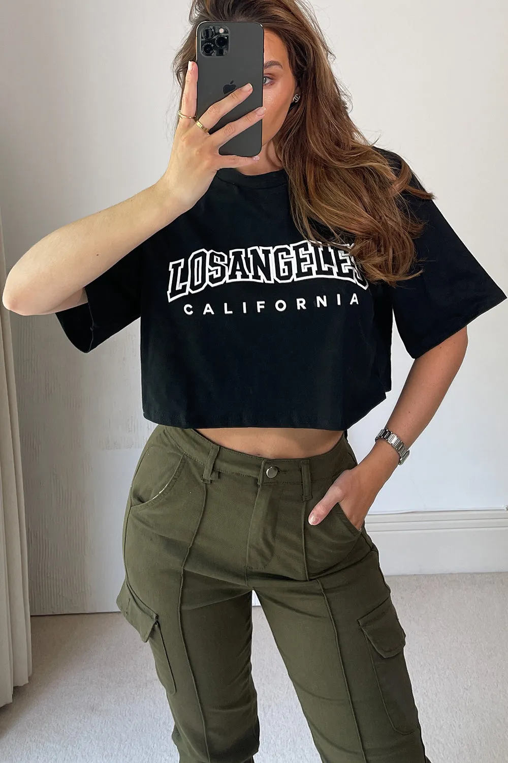 Bobbie Black Los Angeles Slogan Oversized Crop Top