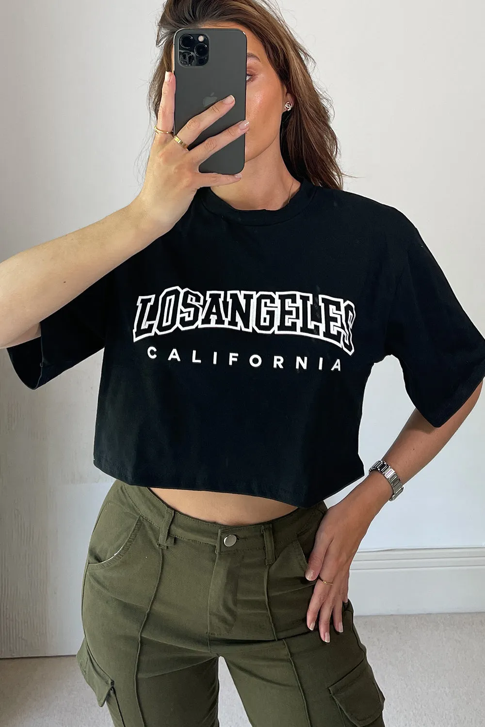 Bobbie Black Los Angeles Slogan Oversized Crop Top