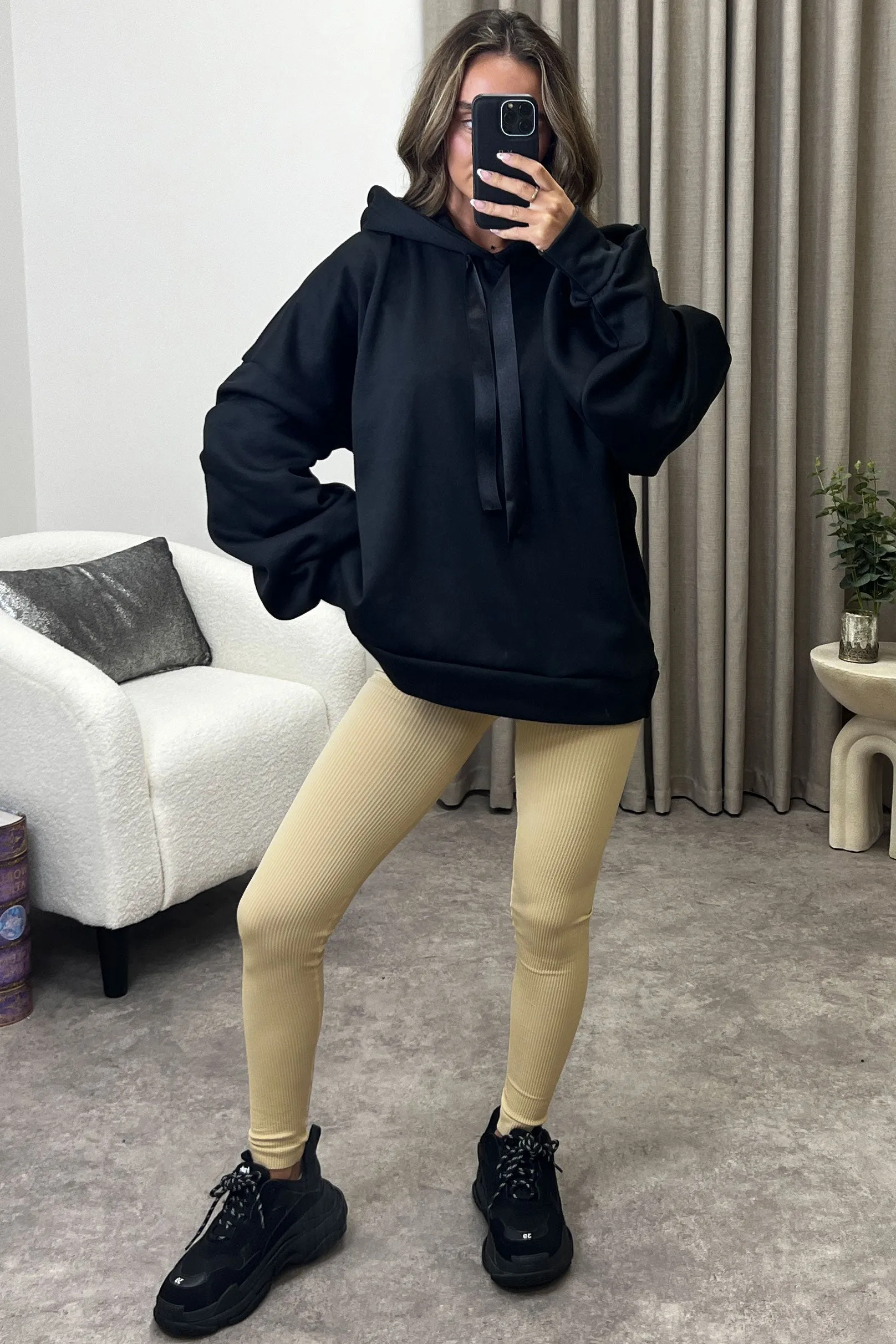 Carlee Black Ruched Sleeve Satin Drawstring Hoodie