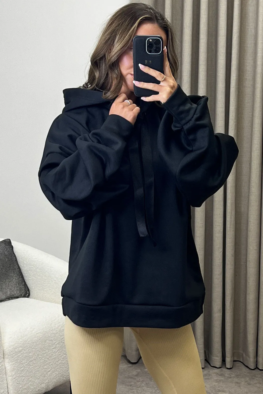 Carlee Black Ruched Sleeve Satin Drawstring Hoodie