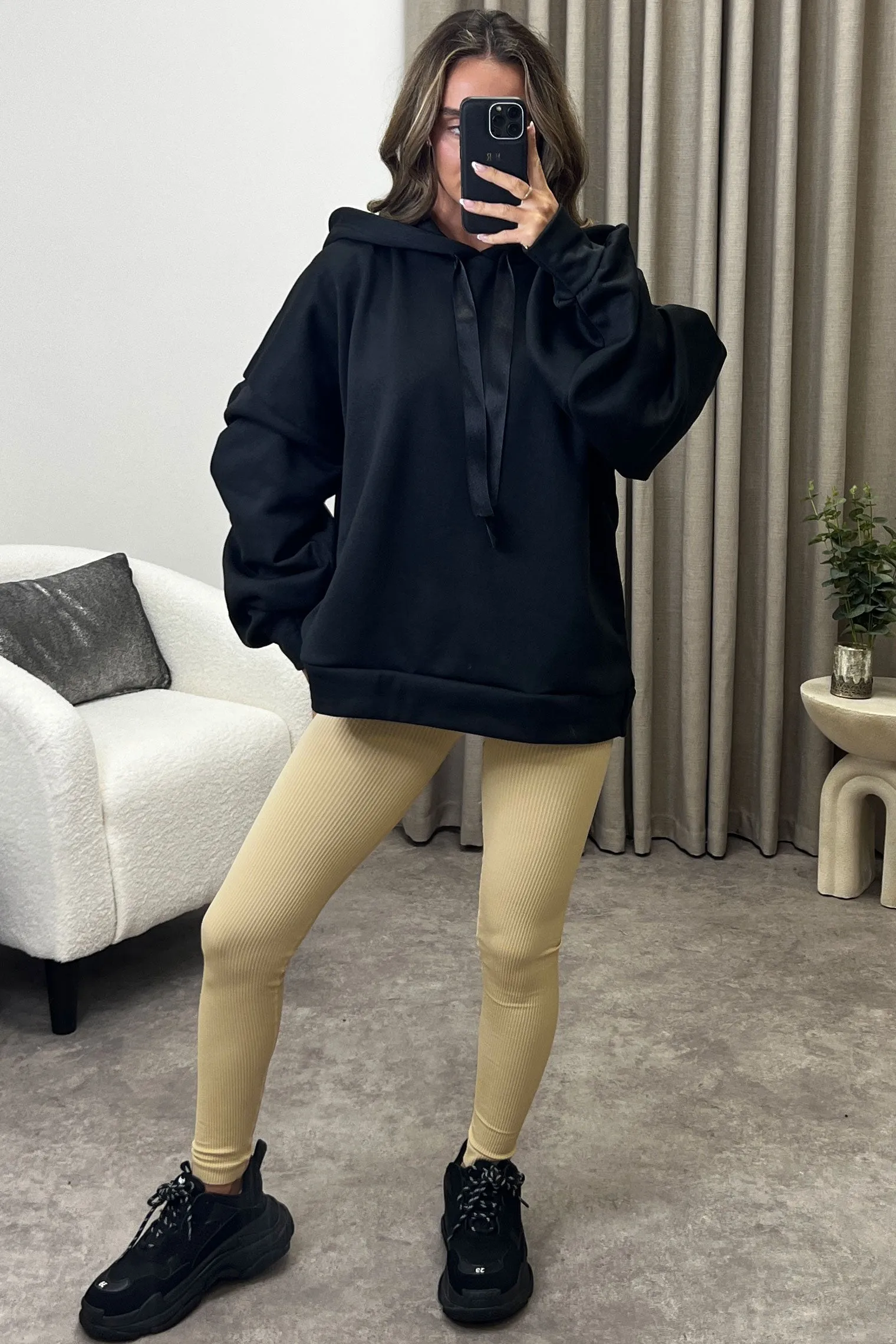 Carlee Black Ruched Sleeve Satin Drawstring Hoodie