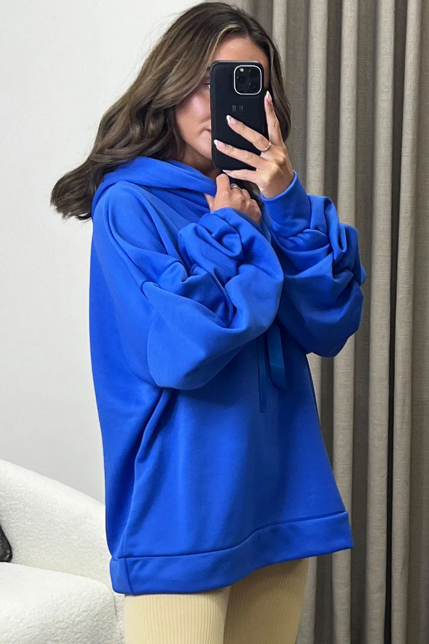 Carlee Blue Ruched Sleeve Satin Drawstring Hoodie