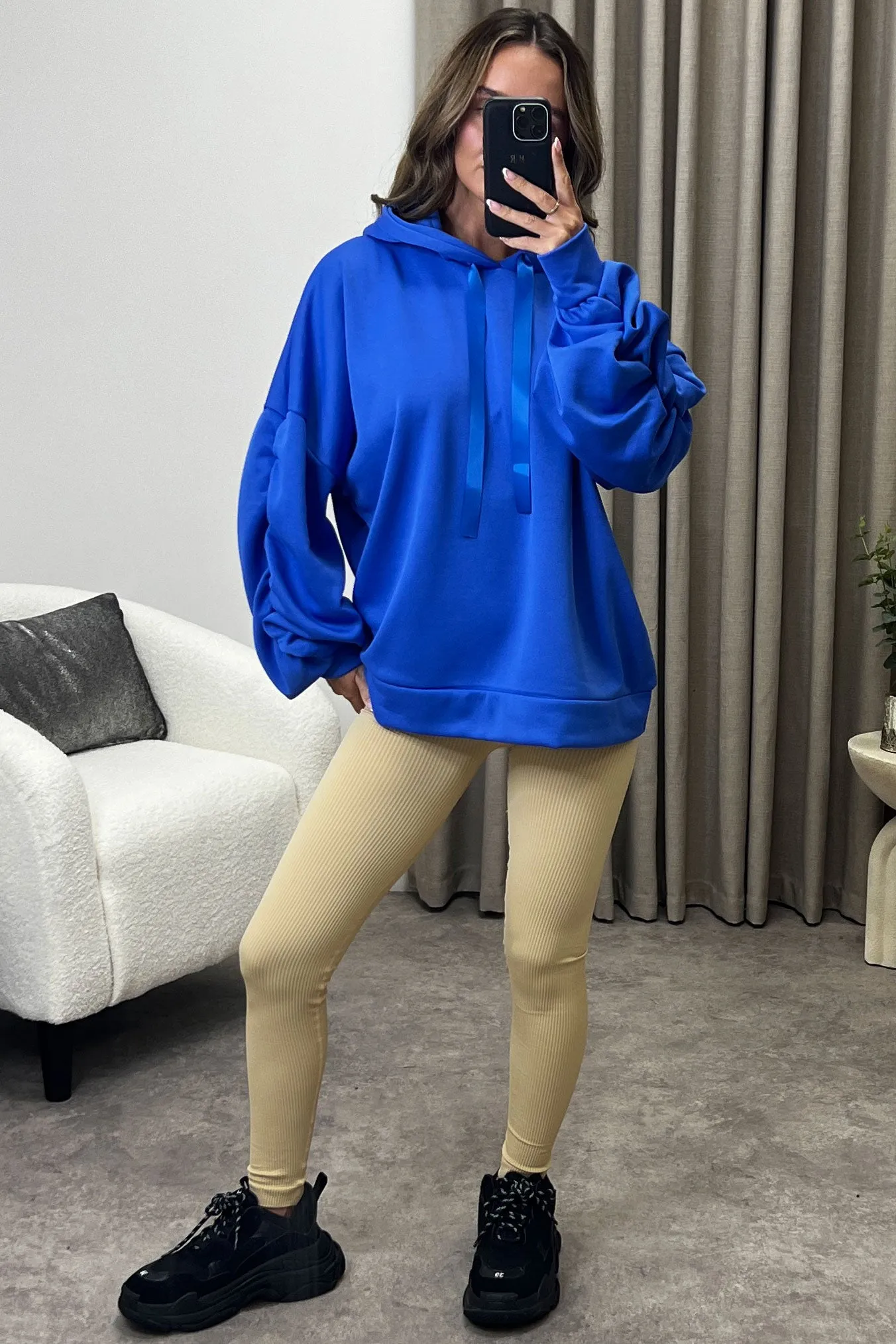 Carlee Blue Ruched Sleeve Satin Drawstring Hoodie