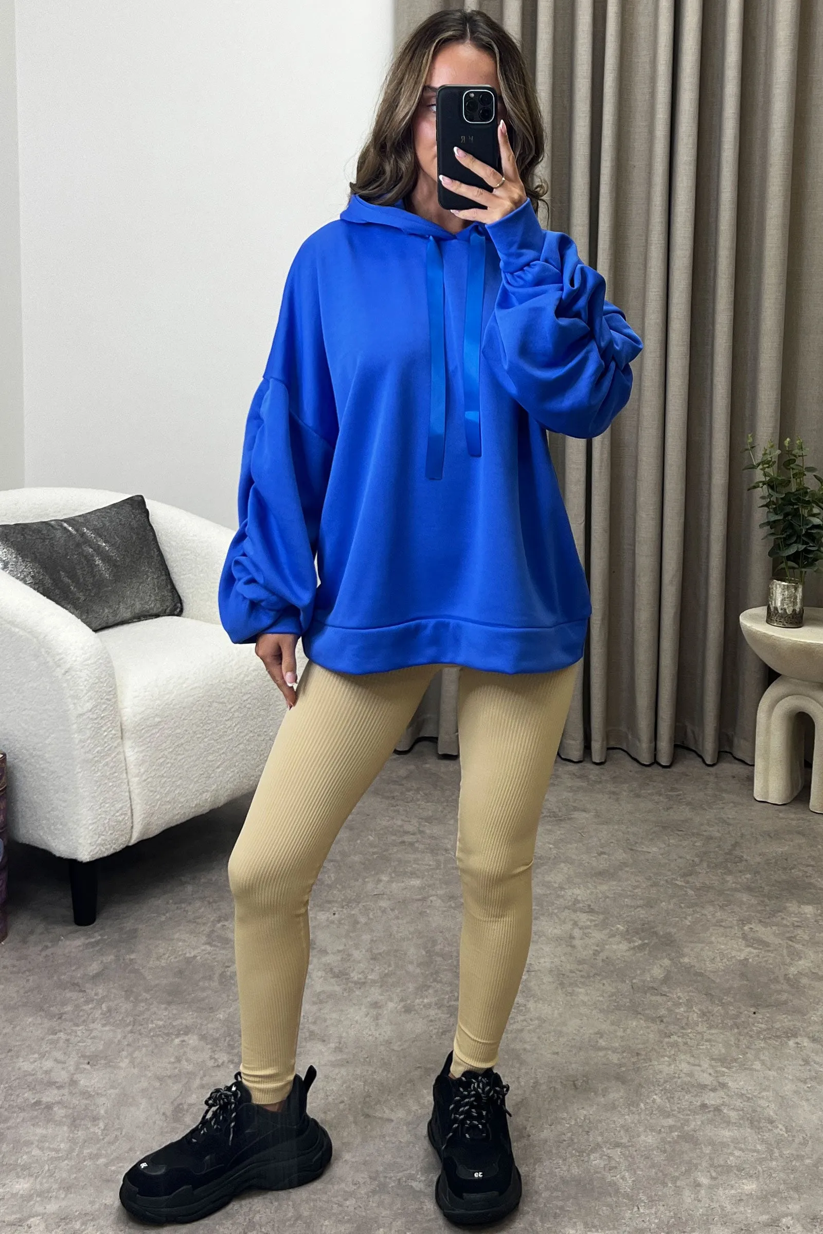 Carlee Blue Ruched Sleeve Satin Drawstring Hoodie