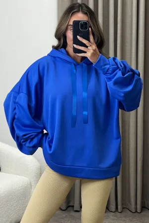 Carlee Blue Ruched Sleeve Satin Drawstring Hoodie