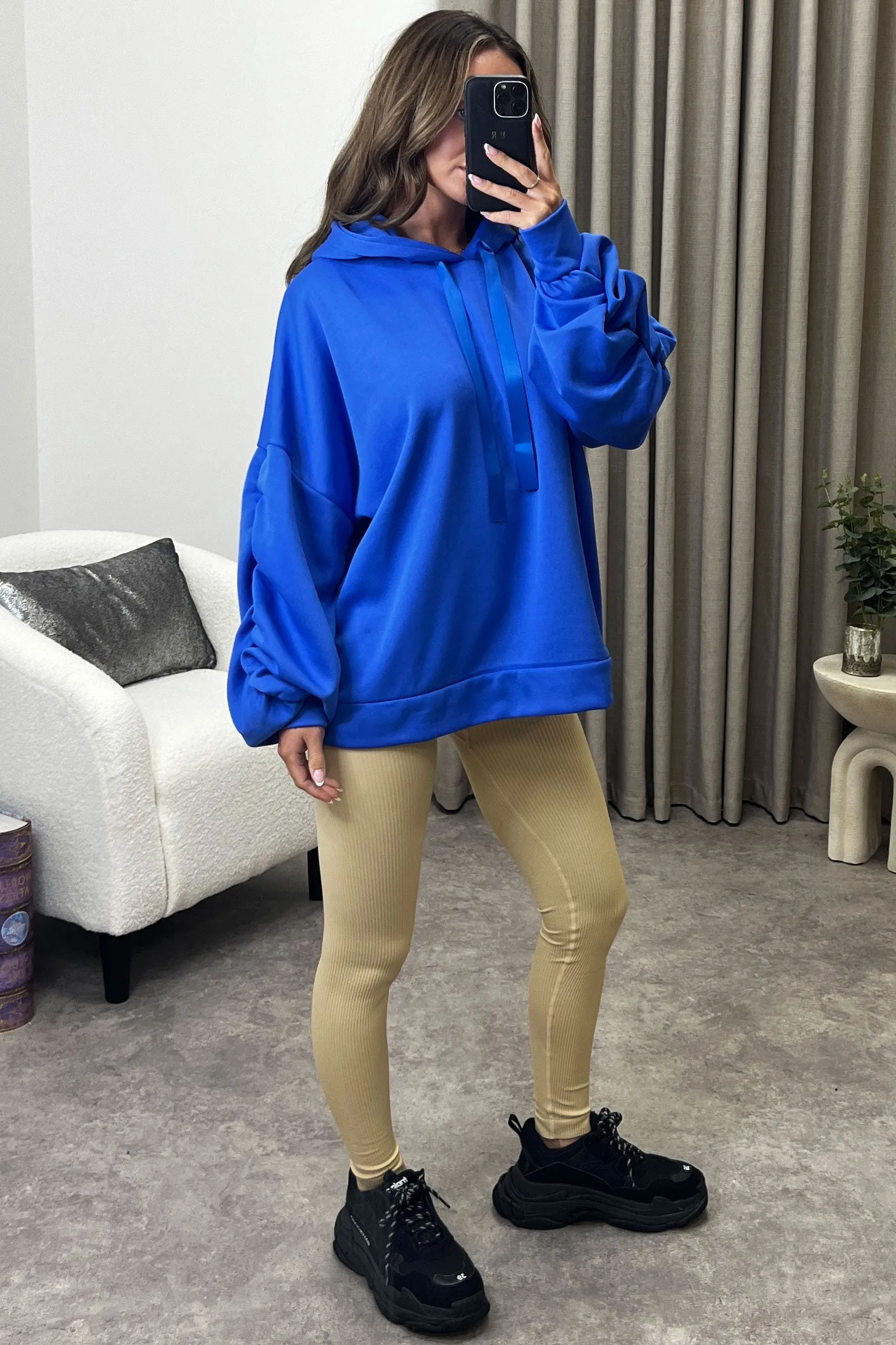 Carlee Blue Ruched Sleeve Satin Drawstring Hoodie