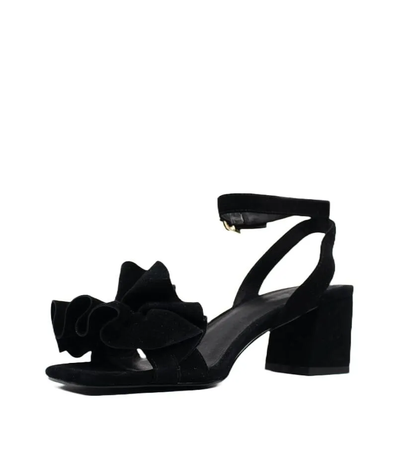 Cecelia New York Heather Black Suede Open Toe Ankle Strap Block Heel Sandals