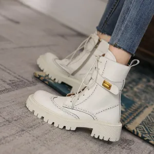 Chunky Heels Elegant Winter Ankle Boots Cow Leather Women