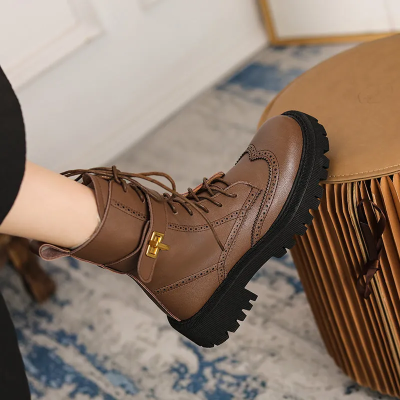Chunky Heels Elegant Winter Ankle Boots Cow Leather Women