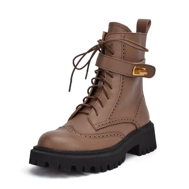 Chunky Heels Elegant Winter Ankle Boots Cow Leather Women