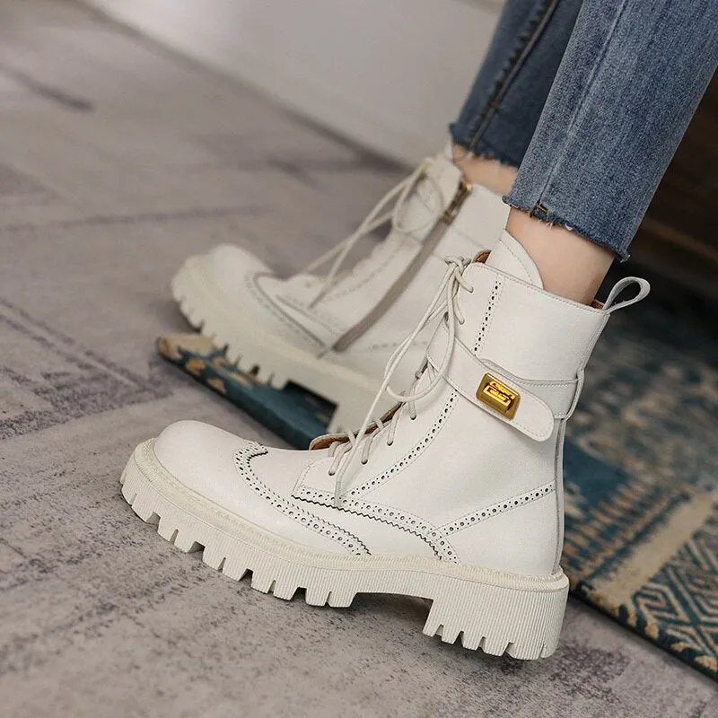 Chunky Heels Elegant Winter Ankle Boots Cow Leather Women