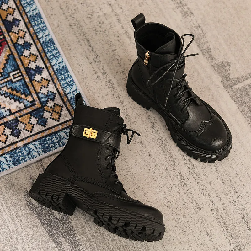 Chunky Heels Elegant Winter Ankle Boots Cow Leather Women