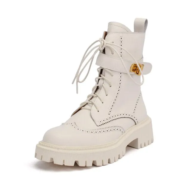 Chunky Heels Elegant Winter Ankle Boots Cow Leather Women