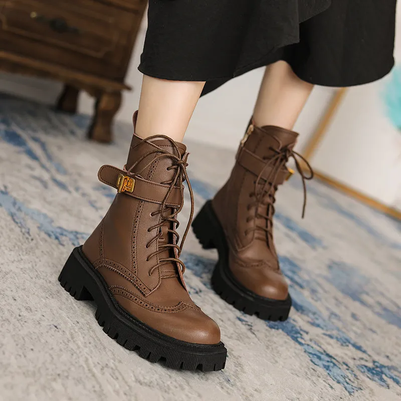Chunky Heels Elegant Winter Ankle Boots Cow Leather Women
