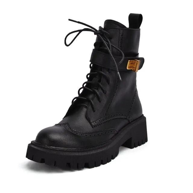 Chunky Heels Elegant Winter Ankle Boots Cow Leather Women