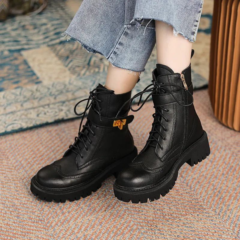 Chunky Heels Elegant Winter Ankle Boots Cow Leather Women