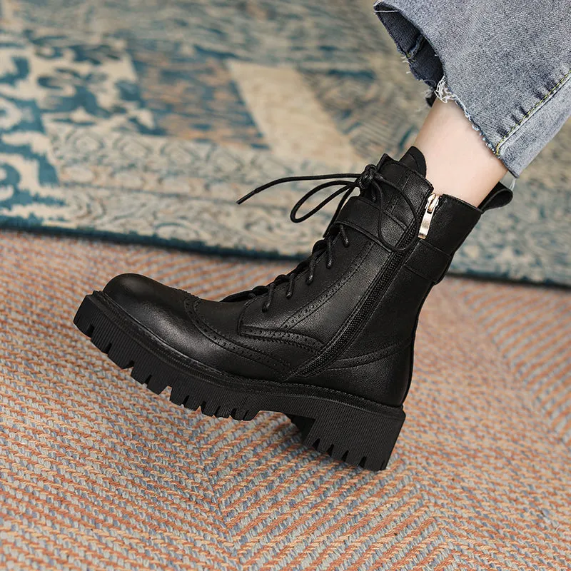 Chunky Heels Elegant Winter Ankle Boots Cow Leather Women