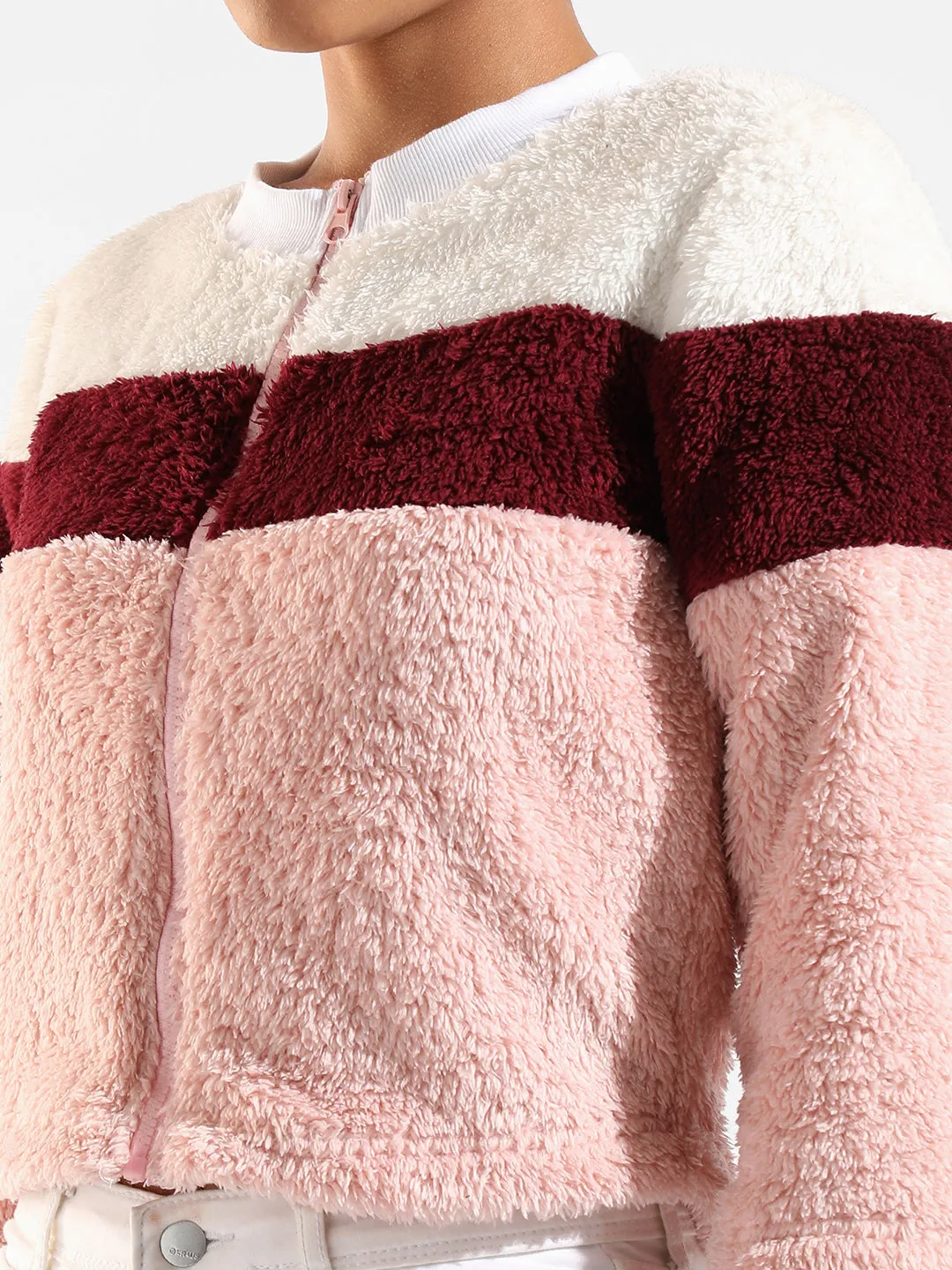 Cotton Pink Colour-Blocked Regular Fit Cropped Zipper Sweatshirt For Casual Wear
