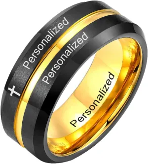Cross Inspirational Faith Verses Ring Grooved Center Tungsten Carbide Faith Bible Hypotenuse Ring Customize Inspirational Ring High Polished Wedding Jewelry for Men Women, Size 7 to 12
