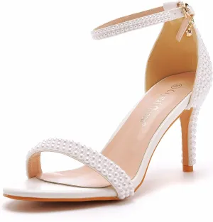Crystal Queen Full Pearls Heels Sandals Stiletto Heels Peep Toe High Heel Sandals Pump Shoes For Bride Wedding Party Evening