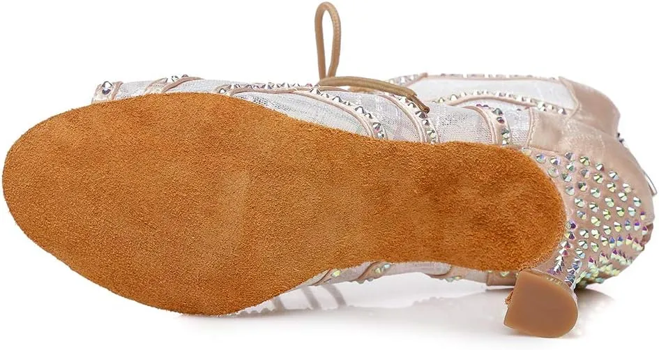 DKZSYIM Women Rhinestone Ballroom Dance Shoes Latin Salsa Perfermence Practice Dancing Shoes,Model YCL434