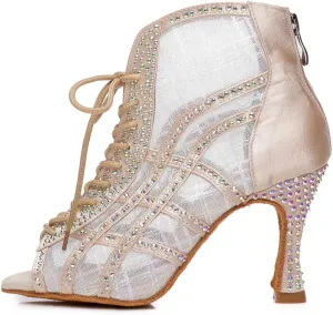 DKZSYIM Women Rhinestone Ballroom Dance Shoes Latin Salsa Perfermence Practice Dancing Shoes,Model YCL434