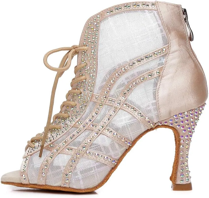 DKZSYIM Women Rhinestone Ballroom Dance Shoes Latin Salsa Perfermence Practice Dancing Shoes,Model YCL434