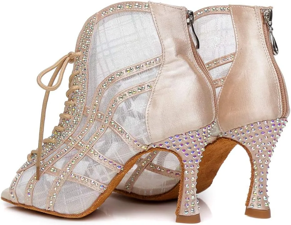 DKZSYIM Women Rhinestone Ballroom Dance Shoes Latin Salsa Perfermence Practice Dancing Shoes,Model YCL434