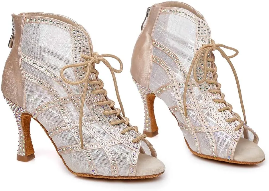 DKZSYIM Women Rhinestone Ballroom Dance Shoes Latin Salsa Perfermence Practice Dancing Shoes,Model YCL434