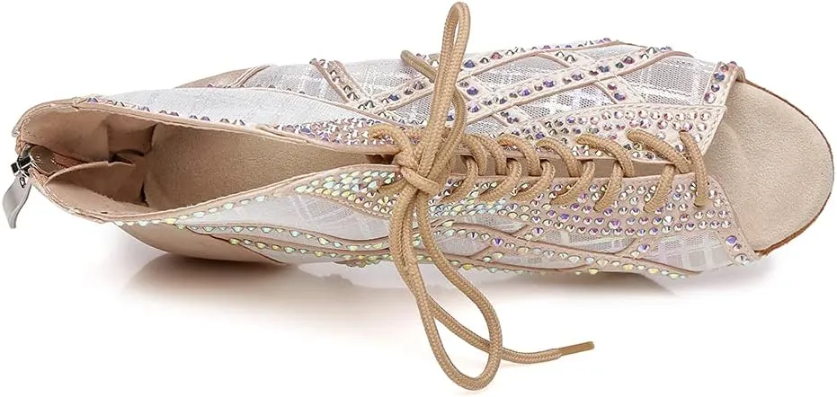 DKZSYIM Women Rhinestone Ballroom Dance Shoes Latin Salsa Perfermence Practice Dancing Shoes,Model YCL434